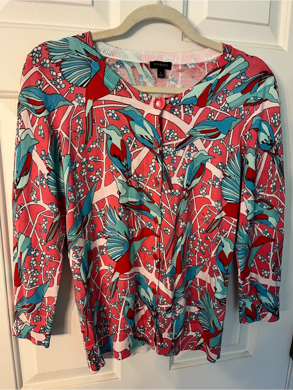 Talbots Coral Teal Turquoise Bird-Print Cardigan